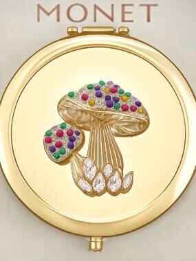 Beautiful Monet Jewelry Sparkly Crystal Mushroom GoldTone Compact Mirror